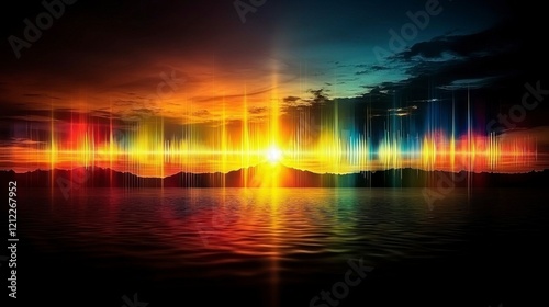 Futuristic 5G sound waves shimmer in vivid colors over a stunning CGI sunset landscape, capturing the beauty of technology and nature in harmony.