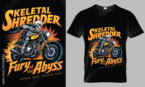 SKELETAL SHREDDER FURY - Motorcycle typography vector T-shirt design. 
motivational and inscription quotes.
perfect for print item and bags, posters, cards. 
isolated on black background