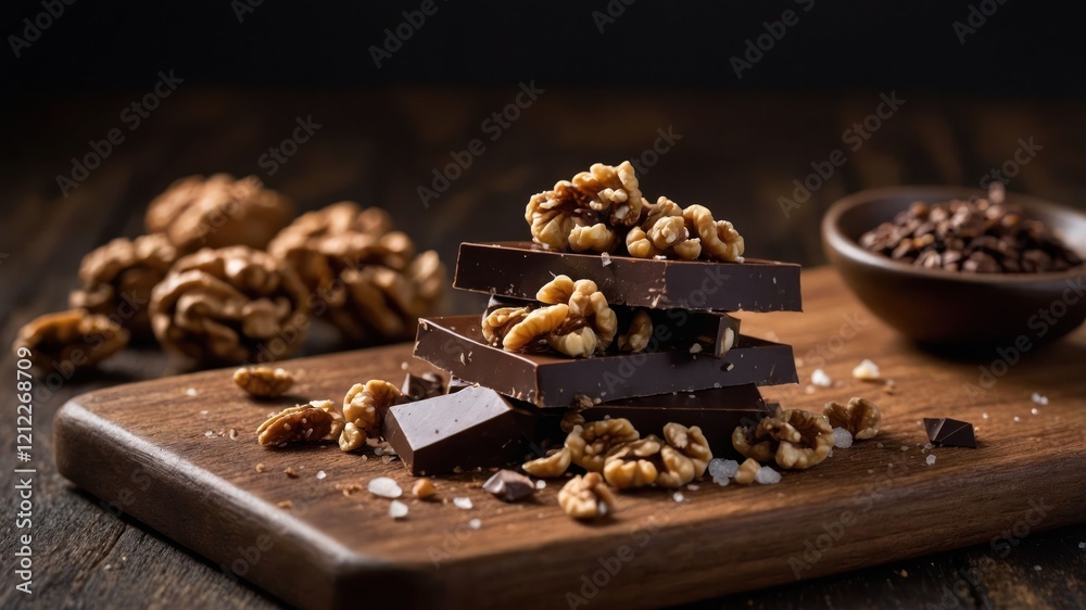 A rustic display of chocolate bars topped with walnuts and a side of coffee beans. A rustic display of chocolate bars topped with walnuts and a side of coffee beans.