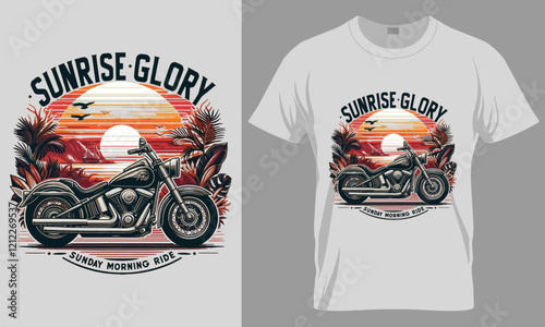 SUNRISE GLORY SUNDAY MORNING RIDE - Motorcycle typography vector T-shirt design. 
motivational and inscription quotes.
perfect for print item and bags, posters, cards. 
isolated on black background photo