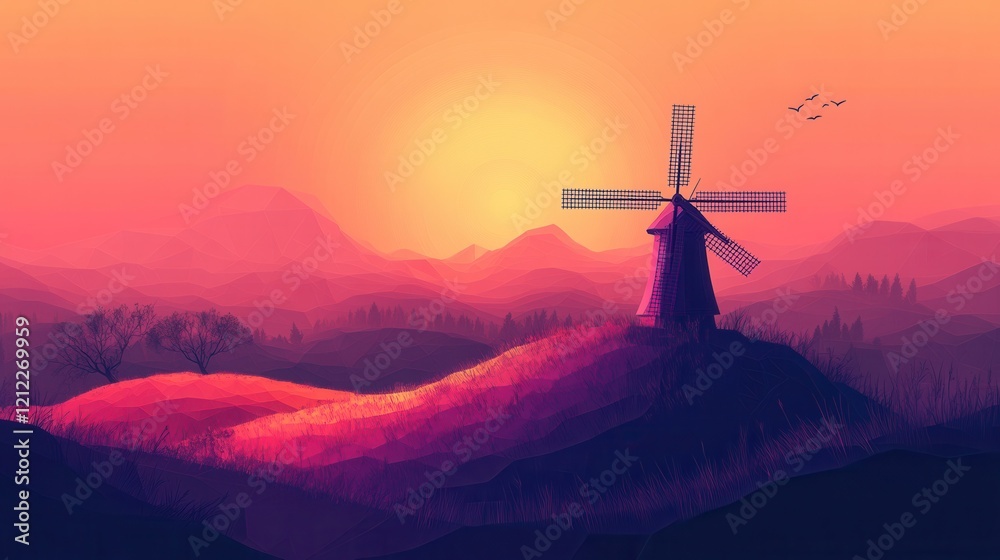 Obraz premium Minimalist Windmill on Hill, a low poly design showcasing a solitary windmill gracefully positioned atop a serene hill, simplicity meets elegance.