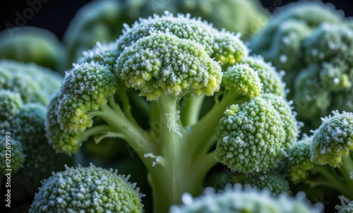 Frosted broccoli florets close-up view.