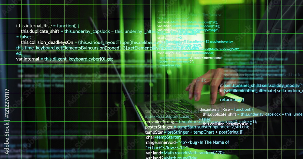 Fototapeta premium Image of digital data processing over biracial male it engineer and laptop by computer servers