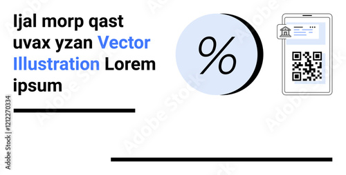 Percentage symbol beside a smartphone displaying a QR code. Ideal for digital marketing, e-commerce, financial services, online payments, promotional materials, technology guides, educational