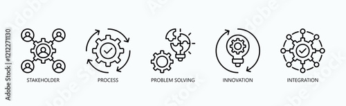 Mastering Business Excellence Icon Set Isolated Vector With Icon Of Stakeholder, Process, Problem Solving, Innovation, Integration In Outline Style