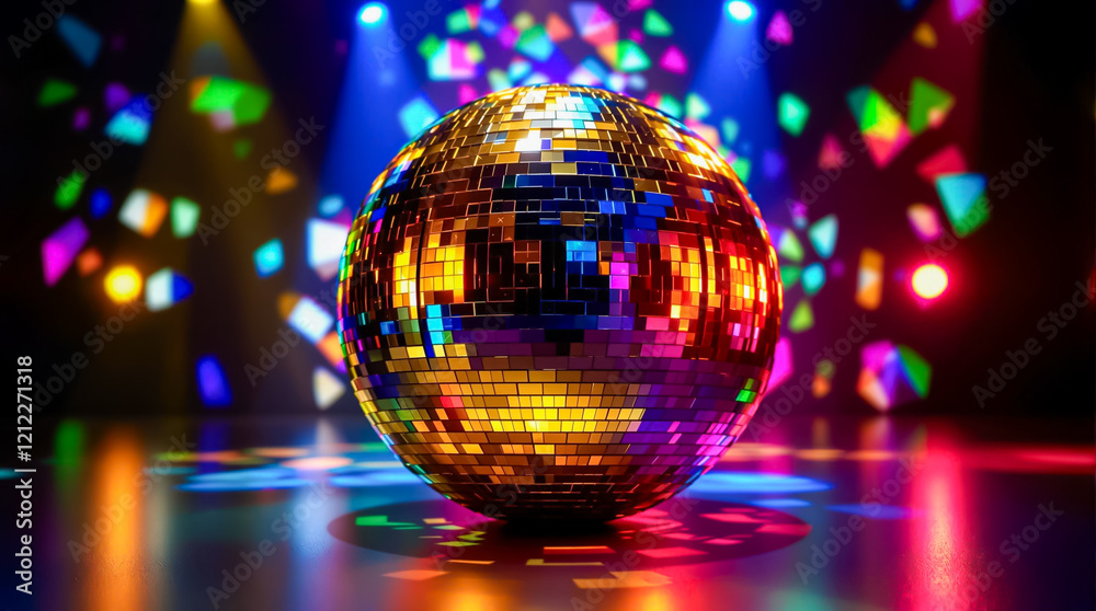 Obraz premium Shiny Disco Ball with Colorful Lights in a Dark Setting