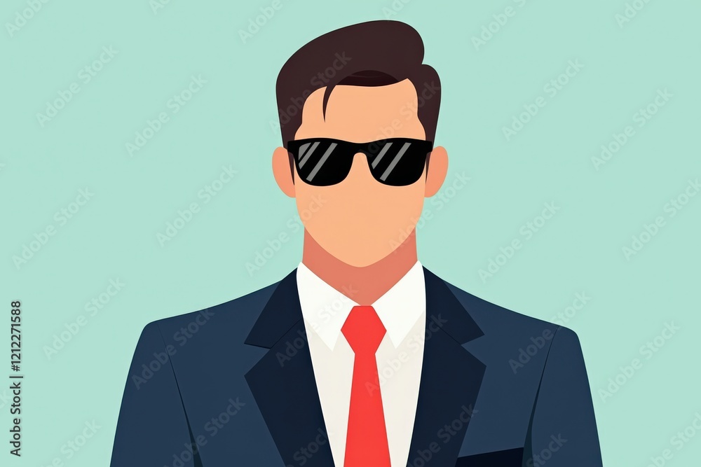 Stylish Male Businessman in Black Suit and Sunglasses Posing with Confidence on Minimalist Background Stylish Male Businessman in Black Suit and Sunglasses Posing with Confidence on Minimalist Background