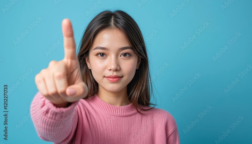 A confident young woman smiling slightly while pointing directly toward the camera A confident young woman smiling slightly while pointing directly toward the camera