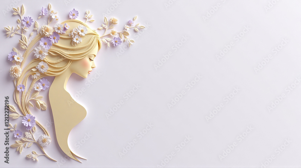 Obraz premium Silhouette of a woman in profile, empty space on the right, light lavender background. Hair interspersed with light purple and white flowers