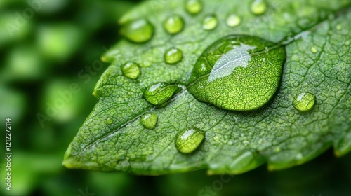 A close-up of a single water drop on a leaf, showcasing the fine details of the leafâ€™s veins and the way light reflects off the dropâ€™s surface. photo