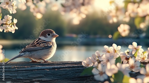 A sparrow with a brown body and grey head sits quietly on a branch, eyeing something intriguing among blooming flowers photo