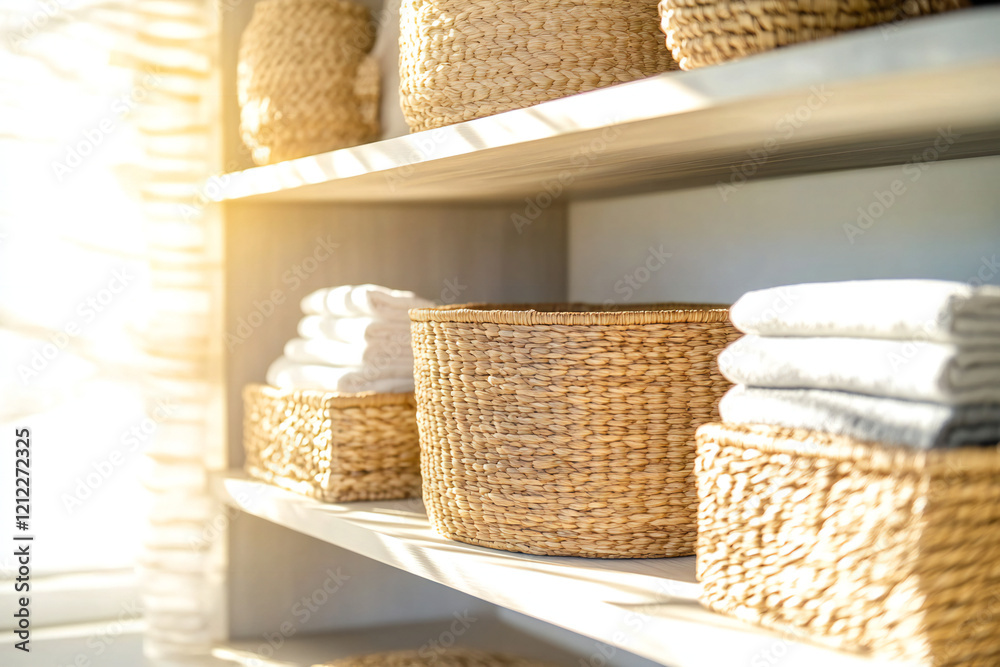 Fototapeta premium Minimalist Shelf with Neutral Linens and Wicker Baskets