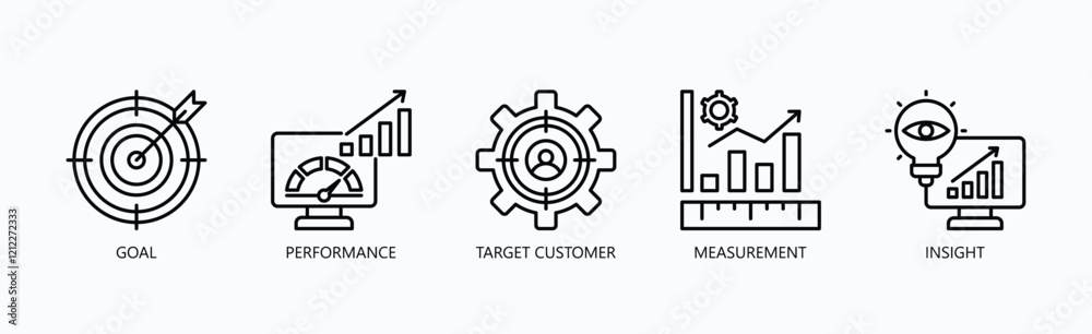 Path To Success Icon Set Isolated Vector With Icon Of Goal, Performance, Target Customer, Measurement, Insight In Outline Style Path To Success Icon Set Isolated Vector With Icon Of Goal, Performance, Target Customer, Measurement, Insight In Outline Style