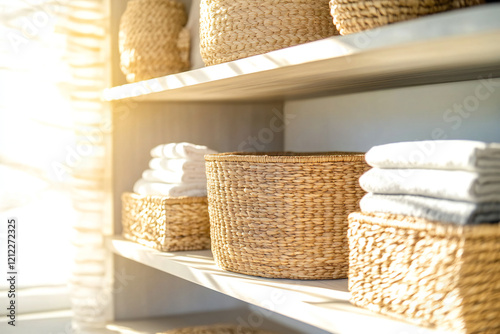 Minimalist Shelf with Neutral Linens and Wicker Baskets