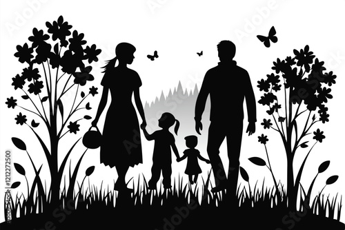 Family walking in park silhouette