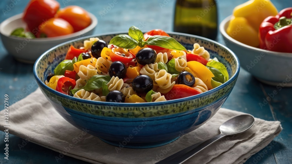 A vibrant pasta salad with colorful vegetables and olives, served in a decorative bowl. A vibrant pasta salad with colorful vegetables and olives, served in a decorative bowl.