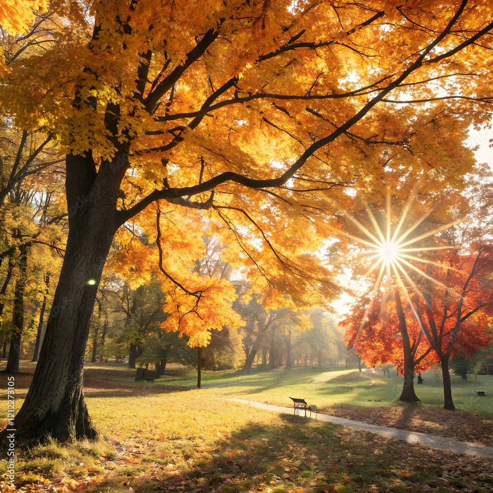 Fototapeta premium Beautiful natural autumn background sunlight shining on leaves
