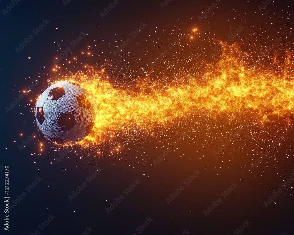 Fototapeta premium A dynamic soccer ball surrounded by a trail of golden sparks, symbolizing energy and motion.