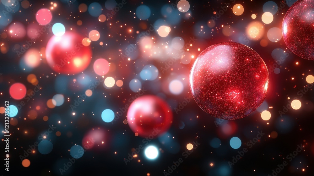 Glowing red spheres and bokeh lights create a festive, celebratory atmosphere. Perfect for holiday or celebratory designs. Glowing red spheres and bokeh lights create a festive, celebratory atmosphere. Perfect for holiday or celebratory designs.