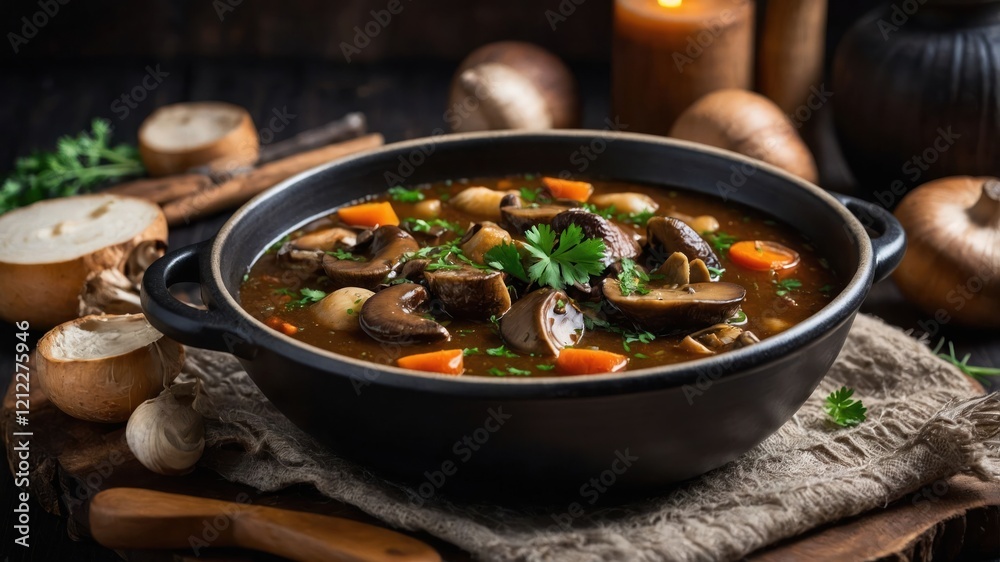 A hearty mushroom soup served in a black bowl, garnished with herbs and vegetables. A hearty mushroom soup served in a black bowl, garnished with herbs and vegetables.