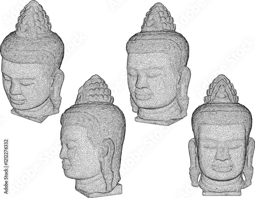 Prehistoric ethnic vintage classic old buddha head statue vector illustration sketch