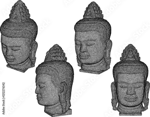 Prehistoric ethnic vintage classic old buddha head statue vector illustration sketch