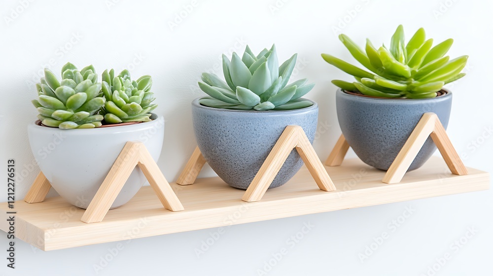 Obraz premium Succulents in Pots on Wooden Shelf Home Decor