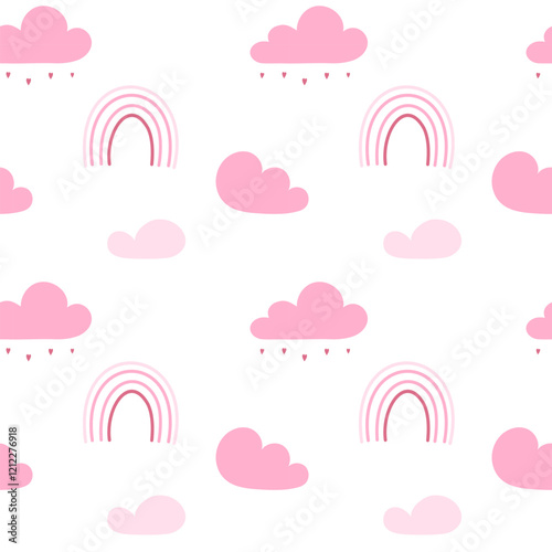Sweet dreams and daydreams. Romantic pink rainbow and clouds with raindrops and hearts, simple place romantic pattern with clouds and rainbow. Cute cozy background in warm pink tones on white backgrou