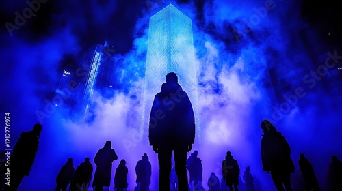A mysterious scene with silhouettes against a glowing monolith surrounded by fog.