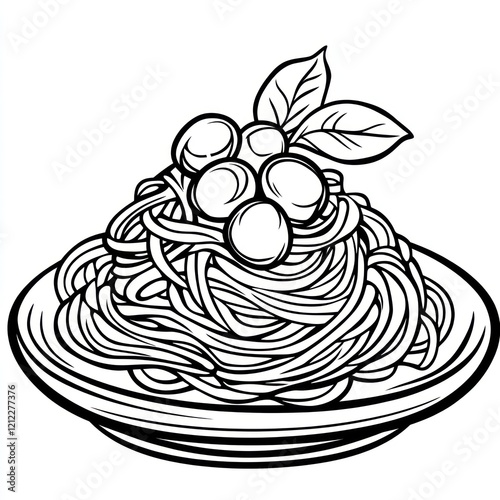 Plate of spaghetti and meatballs, black and white illustration photo