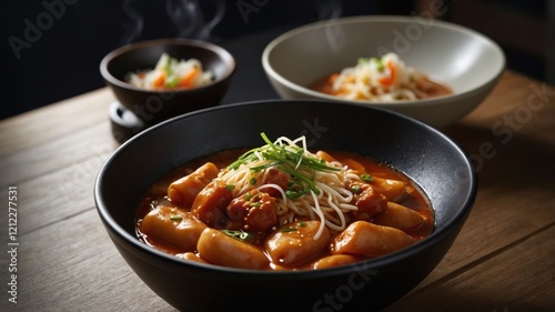 A bowl of spicy noodle dish with garnishes, accompanied by smaller bowls of similar food.