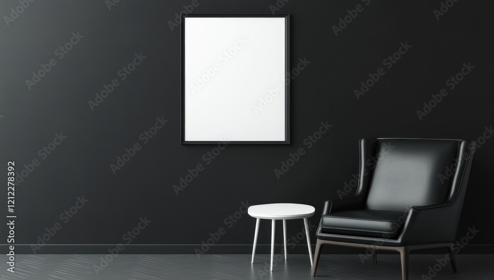 Blank frame mockup on dark wall with armchair and side table. Blank frame mockup on dark wall with armchair and side table.