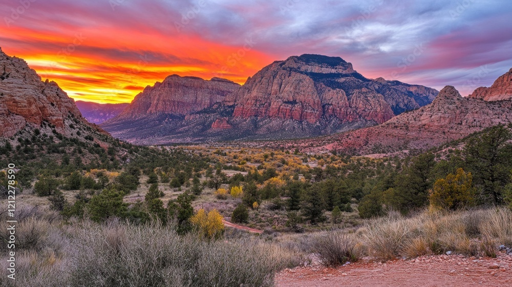 Fototapeta premium A dramatic sunrise over a rocky mountain range, with the sky painted in fiery orange and red tones.