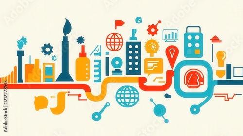A colorful graphic illustrating various scientific and technological concepts and tools.