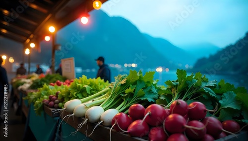 Fresh produce at a market stall with a scenic mountain and lake view in the background photo