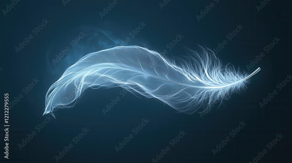 Naklejka premium Delicate feather drifting gracefully through the air, showcasing intricate textures and soft, flowing motion in a serene atmosphere