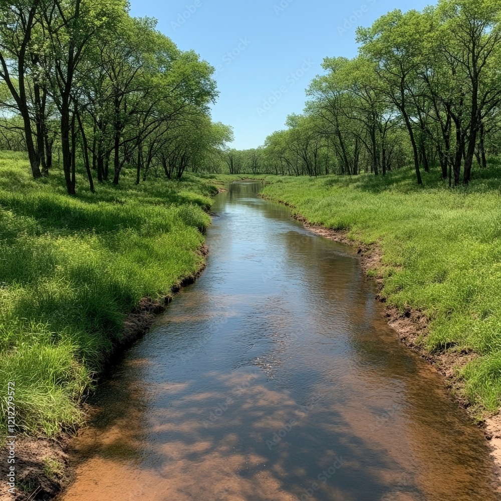 A serene river flows through a lush green landscape under a clear blue sky. A serene river flows through a lush green landscape under a clear blue sky.