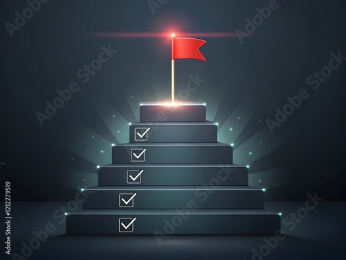 Business success and goal achievement steps. Businessman drawing checkmarks on virtual staircase steps toward achieving goals, Planning, progress, goal setting,ending with red flag as success marker. 