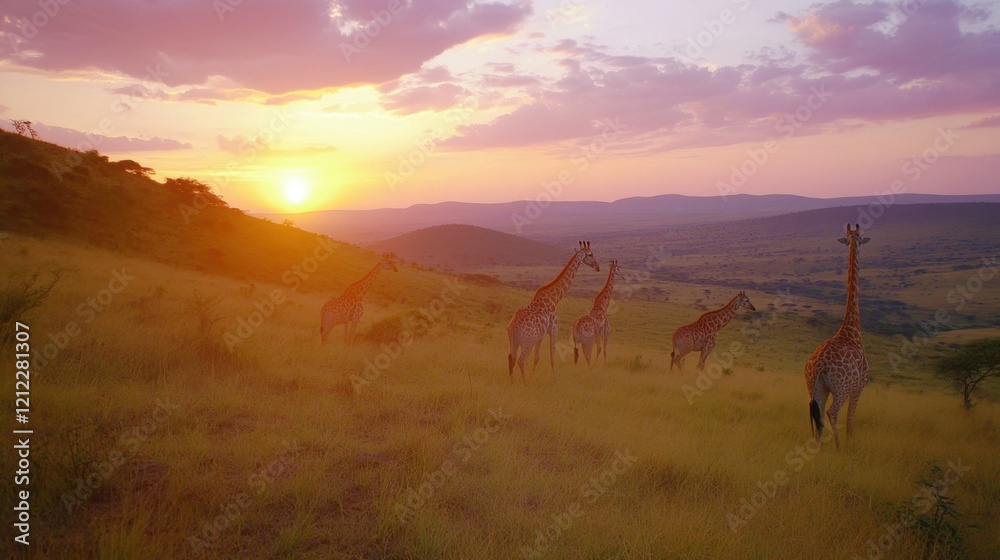 A herd of giraffes moving in the distance under a vivid pink and orange sunset on the horizon. A herd of giraffes moving in the distance under a vivid pink and orange sunset on the horizon.