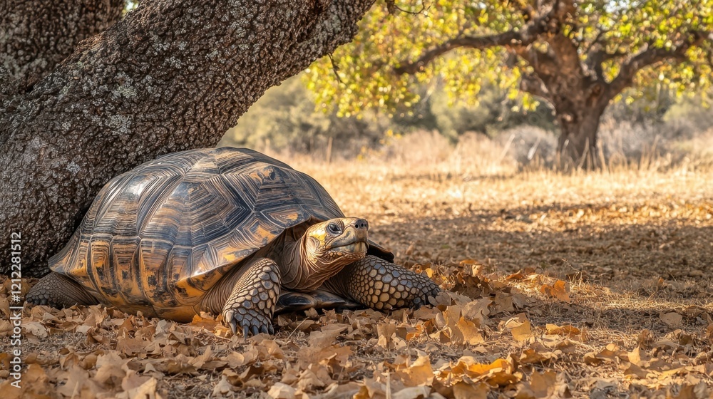 Fototapeta premium A large tortoise resting under the shade of a tree on a hot day, with dry leaves scattered around.