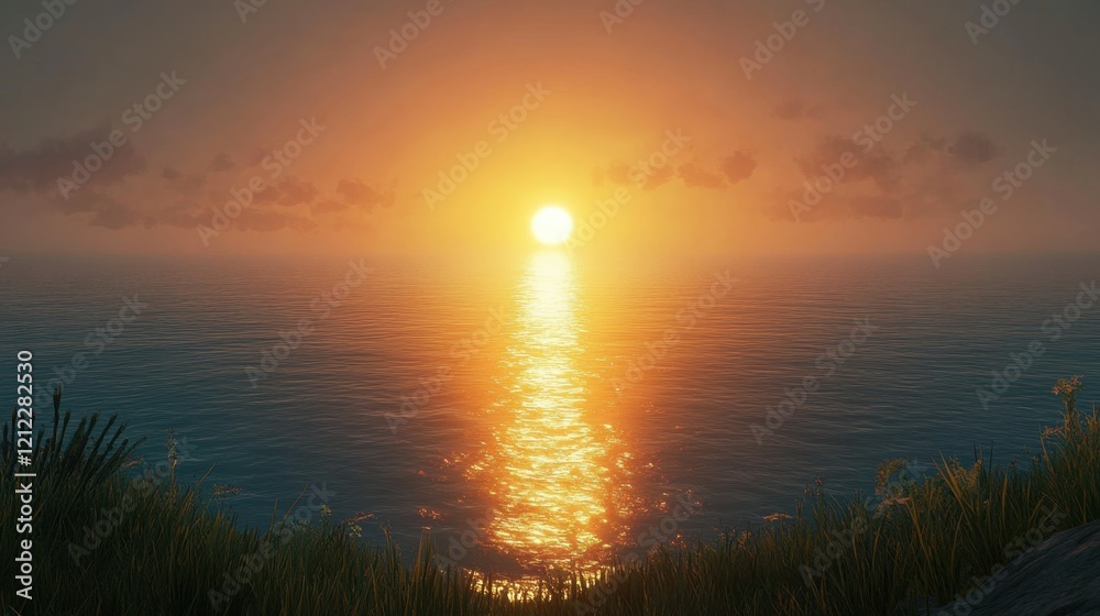 Fototapeta premium A mountaintop view of the horizon glowing with golden light as the sun rises.