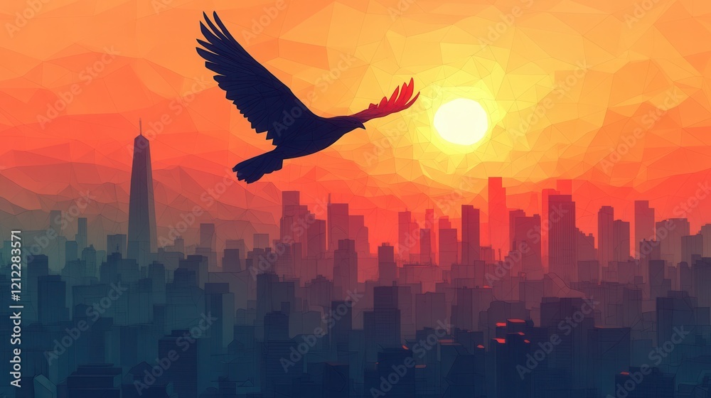Fototapeta premium Soaring Bird Over Urban Skyline, minimalistic line art captures freedom and contrast between nature and city life, modern design aesthetic