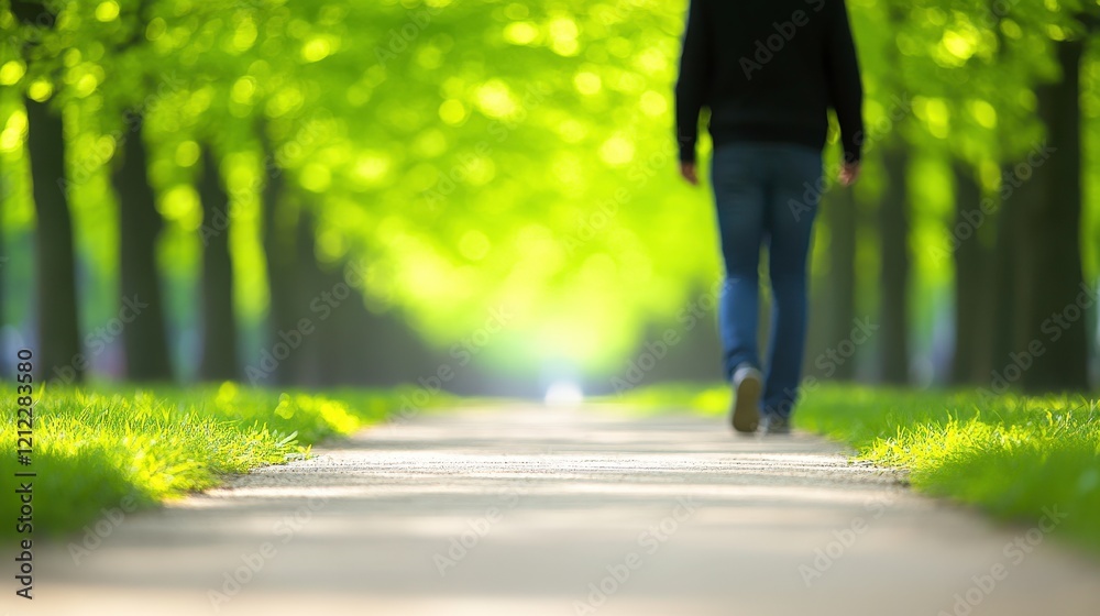 Obraz premium A person walking along a tree-lined path, surrounded by vibrant green foliage.
