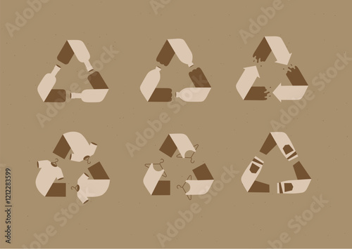 Waste, plastic, clothes recycling symbols drawing with brown on beige background.