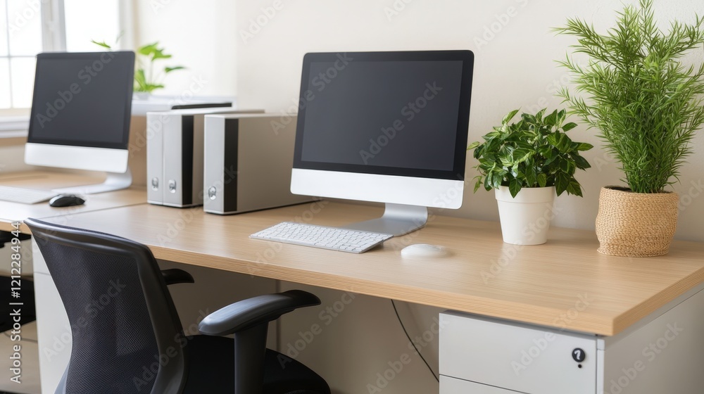 A modern office workspace with computers, plants, and organized storage. A modern office workspace with computers, plants, and organized storage.