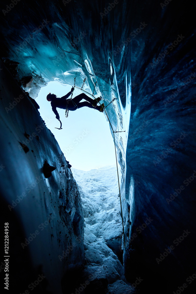 Fototapeta premium Man climbing frozen ice cave in winter mountains