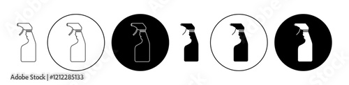 Cleaning spray vector icon collection in black filled and outlined versions