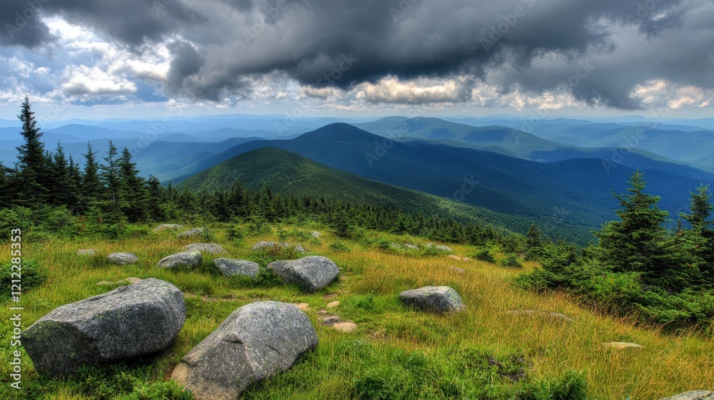 A scenic view of boulders scattered across a grassy hillside, with a dramatic cloudy sky above. A scenic view of boulders scattered across a grassy hillside, with a dramatic cloudy sky above.