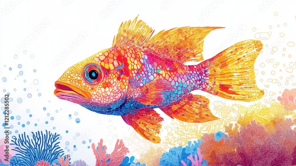 Fototapeta premium Minimalist fish gliding through vibrant coral reefs, showcasing a low poly design, emphasizing underwater beauty and simplicity