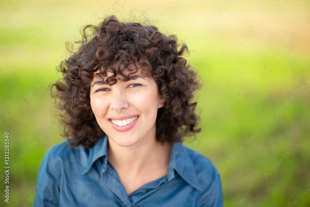 Young woman with curly hair and blue shirt smiling brightly in a park setting Young woman with curly hair and blue shirt smiling brightly in a park setting